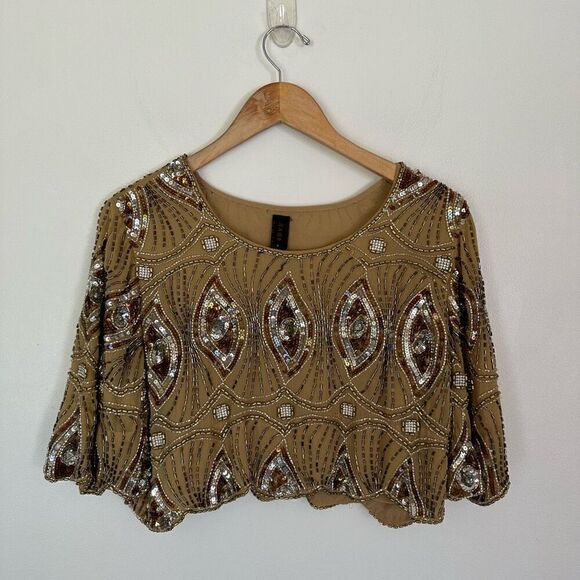 RAGA Women’s Neutral Colored Fully Beaded Encrusted Scalloped Edges Crop Length - Picture 2 of 15